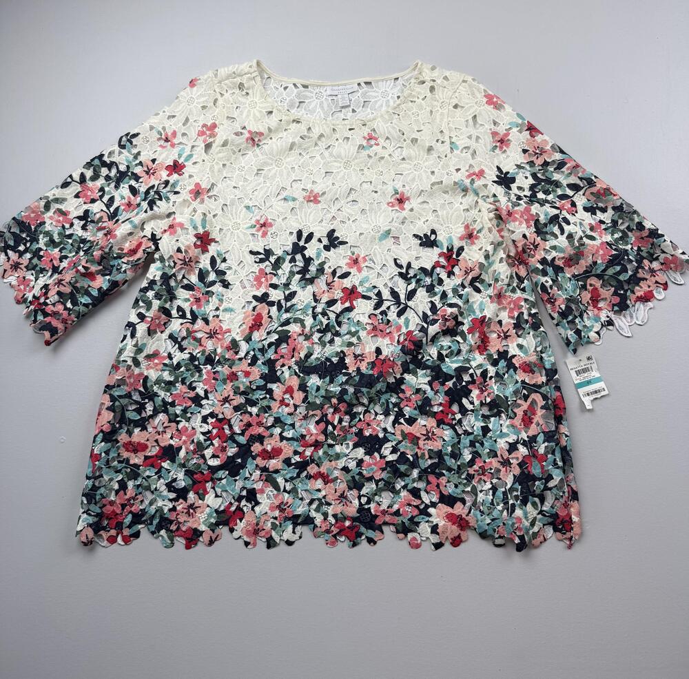 Charter Club Blouse Womens 0X Multicolor Round Neck 3/4 Bell Sleeve Tunic Lace